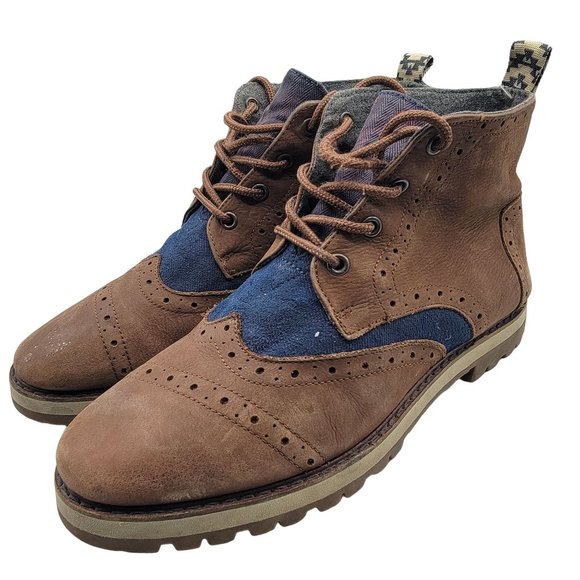 Toms Brogue Boots Mens 9 Vibram Soles Chestnut Brown Leather Navy Herringbone main image 6